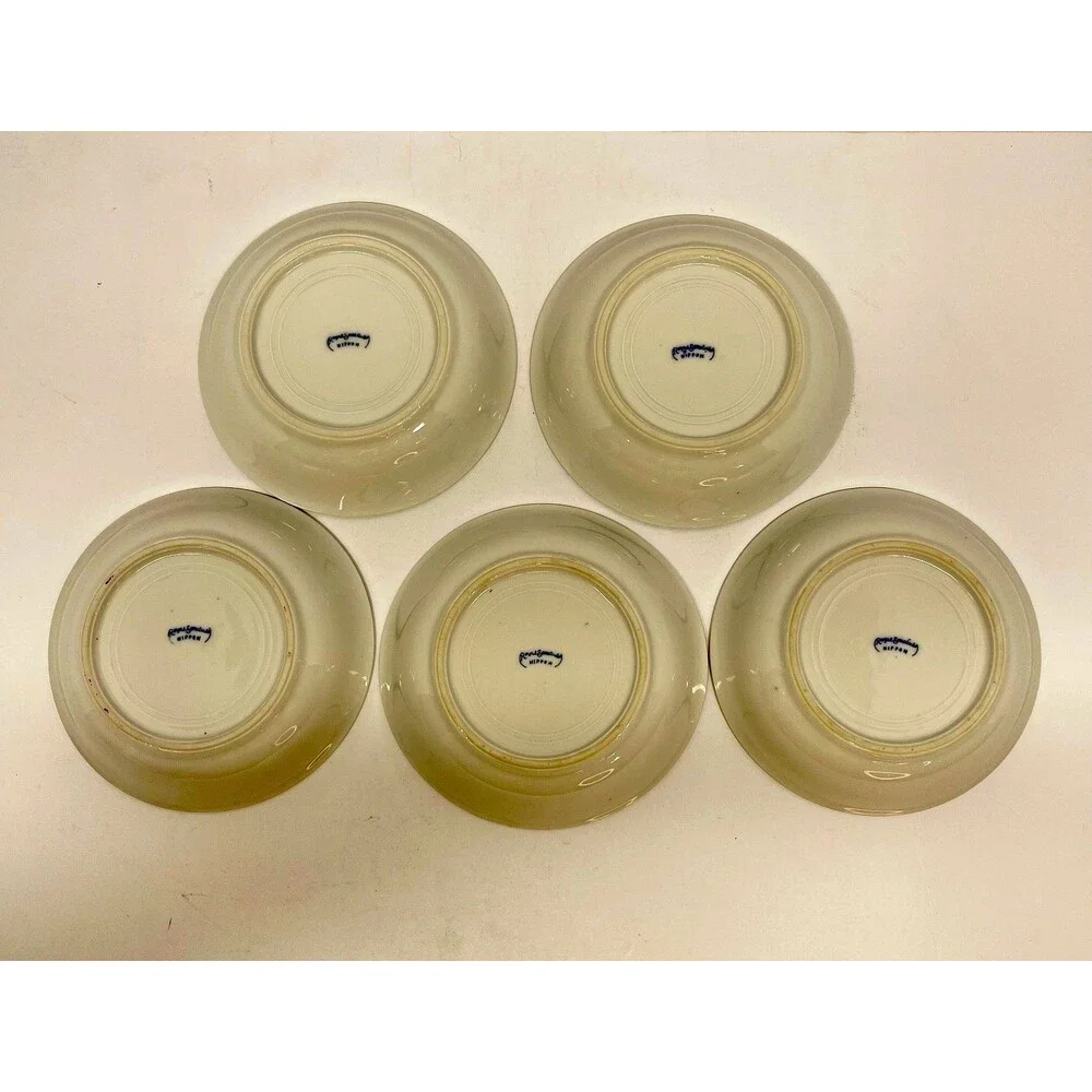 Antique Nippon Royal Sometuke Blue White Cup & Saucer Set, 4 Cups 5 Bowls Japan